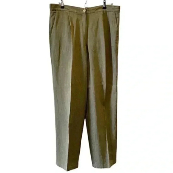 Vintage Linen Trousers High Rise Relaxed Fit Pleated Pants Olive Green Size 14 - Picture 1 of 15